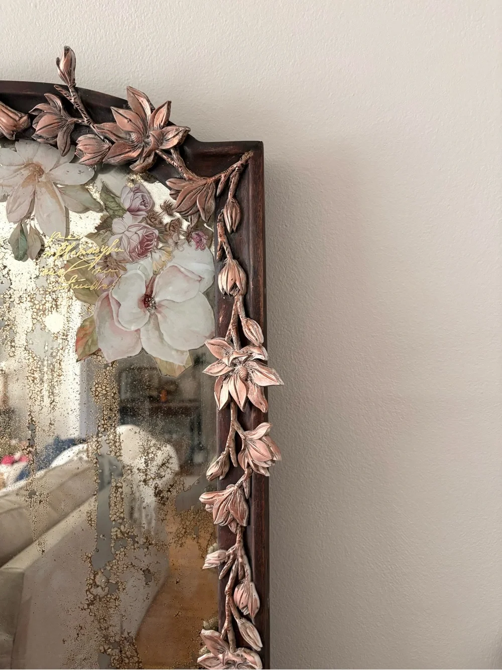 Ornate Floral & Bird Accent Wall Mirror with copper and gold accents